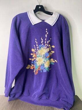 Purple Floral Embroidered Crewneck Sweatshirt White Collar Women’s Size 4Xl 1420